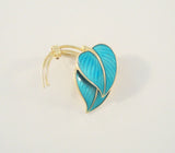 Vintage Handcrafted Signed Hans Myhre 14K Yellow Gold Vermeil on Sterling Silver Dimensional Leafy Pin or Brooch w/ Vivid Teal or Turquoise Blue Guilloche Enamel Norway Two Leaves