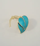 Vintage Handcrafted Signed Hans Myhre 14K Yellow Gold Vermeil on Sterling Silver Dimensional Leafy Pin or Brooch w/ Vivid Teal or Turquoise Blue Guilloche Enamel Norway Two Leaves
