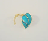 Vintage Handcrafted Signed Hans Myhre 14K Yellow Gold Vermeil on Sterling Silver Dimensional Leafy Pin or Brooch w/ Vivid Teal or Turquoise Blue Guilloche Enamel Norway Two Leaves