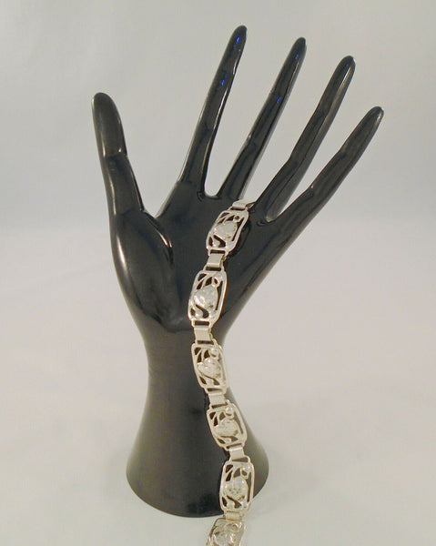 Detailed Signed Vintage Danecraft Sterling Silver Openwork  Art Nouveau Bud Leaf & Vine Pattern 14mm Wide Panel Bracelet 7.75"