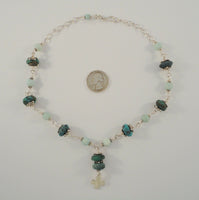 Bold Vintage Sterling Silver Rondelles Turquoise & Larimar Beaded Necklace w/ Maltese Cross Drop Pendant 18" Adjustable