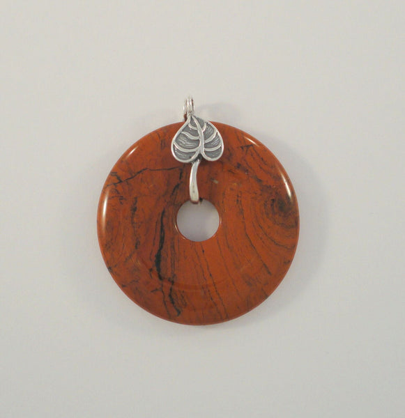 Large Signed Vintage Joshua Benbassat Sterling Silver & Red Jasper Disc or Circle Pendant w/ Carved Curving Leafy Bale