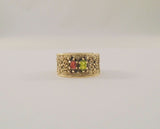 Bold Detailed Vintage Solid 14K Yellow Gold w/ Black Enamel Rope Hearts & Flowers Band Marquis Peridot & Garnet 11mm Wide Ring Size 7.5 1970's Mother