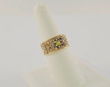 Bold Detailed Vintage Solid 14K Yellow Gold w/ Black Enamel Rope Hearts & Flowers Band Marquis Peridot & Garnet 11mm Wide Ring Size 7.5 1970's Mother