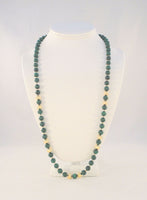 Long Dramatic Vintage Hand Knotted 14K Solid Yellow Gold Ball & Round Deep Green Malachite 8mm Beaded Strand Necklace 28"