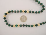 Long Dramatic Vintage Hand Knotted 14K Solid Yellow Gold Ball & Round Deep Green Malachite 8mm Beaded Strand Necklace 28"