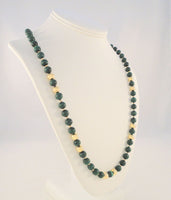 Long Dramatic Vintage Hand Knotted 14K Solid Yellow Gold Ball & Round Deep Green Malachite 8mm Beaded Strand Necklace 28"