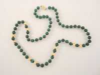 Long Dramatic Vintage Hand Knotted 14K Solid Yellow Gold Ball & Round Deep Green Malachite 8mm Beaded Strand Necklace 28"