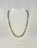 Long Dramatic Vintage Hand Knotted 14K Solid Yellow Gold Ball & Round Deep Green Malachite 8mm Beaded Strand Necklace 28"