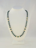 Long Dramatic Vintage Hand Knotted 14K Solid Yellow Gold Ball & Round Deep Green Malachite 8mm Beaded Strand Necklace 28"