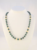 Long Dramatic Vintage Hand Knotted 14K Solid Yellow Gold Ball & Round Deep Green Malachite 8mm Beaded Strand Necklace 28"