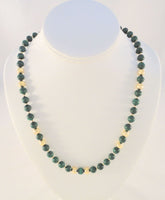 Long Dramatic Vintage Hand Knotted 14K Solid Yellow Gold Ball & Round Deep Green Malachite 8mm Beaded Strand Necklace 28"