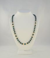 Long Dramatic Vintage Hand Knotted 14K Solid Yellow Gold Ball & Round Deep Green Malachite 8mm Beaded Strand Necklace 28"