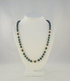 Long Dramatic Vintage Hand Knotted 14K Solid Yellow Gold Ball & Round Deep Green Malachite 8mm Beaded Strand Necklace 28"