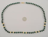 Long Dramatic Vintage Hand Knotted 14K Solid Yellow Gold Ball & Round Deep Green Malachite 8mm Beaded Strand Necklace 28"