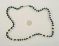 Long Dramatic Vintage Hand Knotted 14K Solid Yellow Gold Ball & Round Deep Green Malachite 8mm Beaded Strand Necklace 28"