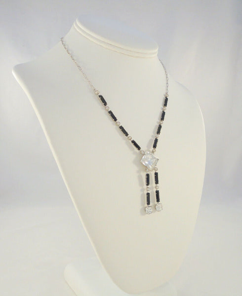 Sparkly Vintage Sterling Silver Art Deco Lavalier Drop Necklace w/ Prong-Set Black & Clear Faceted Paste Rhinestones 16"