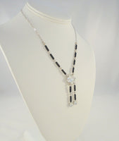 Sparkly Vintage Sterling Silver Art Deco Lavalier Drop Necklace w/ Prong-Set Black & Clear Faceted Paste Rhinestones 16"