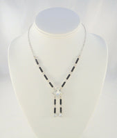 Sparkly Vintage Sterling Silver Art Deco Lavalier Drop Necklace w/ Prong-Set Black & Clear Faceted Paste Rhinestones 16"