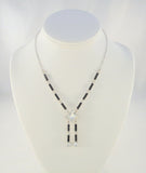 Sparkly Vintage Sterling Silver Art Deco Lavalier Drop Necklace w/ Prong-Set Black & Clear Faceted Paste Rhinestones 16"