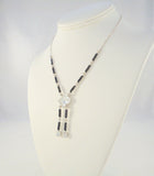 Sparkly Vintage Sterling Silver Art Deco Lavalier Drop Necklace w/ Prong-Set Black & Clear Faceted Paste Rhinestones 16"