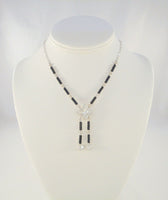 Sparkly Vintage Sterling Silver Art Deco Lavalier Drop Necklace w/ Prong-Set Black & Clear Faceted Paste Rhinestones 16"