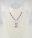 Sparkly Vintage Sterling Silver Art Deco Lavalier Drop Necklace w/ Prong-Set Black & Clear Faceted Paste Rhinestones 16"