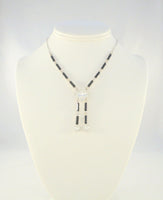 Sparkly Vintage Sterling Silver Art Deco Lavalier Drop Necklace w/ Prong-Set Black & Clear Faceted Paste Rhinestones 16"