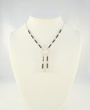 Sparkly Vintage Sterling Silver Art Deco Lavalier Drop Necklace w/ Prong-Set Black & Clear Faceted Paste Rhinestones 16"