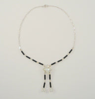 Sparkly Vintage Sterling Silver Art Deco Lavalier Drop Necklace w/ Prong-Set Black & Clear Faceted Paste Rhinestones 16"