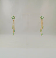 Long Signed Vintage 10K Solid Yellow Gold Natural Round & Marquis Cut Emerald Flower Dangle Pierced Earrings w/ Diamond Accents