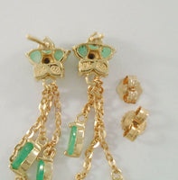 Long Signed Vintage 10K Solid Yellow Gold Natural Round & Marquis Cut Emerald Flower Dangle Pierced Earrings w/ Diamond Accents