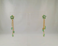 Long Signed Vintage 10K Solid Yellow Gold Natural Round & Marquis Cut Emerald Flower Dangle Pierced Earrings w/ Diamond Accents