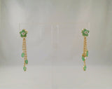 Long Signed Vintage 10K Solid Yellow Gold Natural Round & Marquis Cut Emerald Flower Dangle Pierced Earrings w/ Diamond Accents