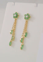 Long Signed Vintage 10K Solid Yellow Gold Natural Round & Marquis Cut Emerald Flower Dangle Pierced Earrings w/ Diamond Accents