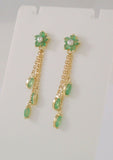 Long Signed Vintage 10K Solid Yellow Gold Natural Round & Marquis Cut Emerald Flower Dangle Pierced Earrings w/ Diamond Accents