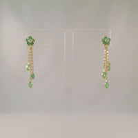 Long Signed Vintage 10K Solid Yellow Gold Natural Round & Marquis Cut Emerald Flower Dangle Pierced Earrings w/ Diamond Accents