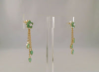 Long Signed Vintage 10K Solid Yellow Gold Natural Round & Marquis Cut Emerald Flower Dangle Pierced Earrings w/ Diamond Accents