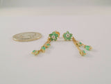 Long Signed Vintage 10K Solid Yellow Gold Natural Round & Marquis Cut Emerald Flower Dangle Pierced Earrings w/ Diamond Accents