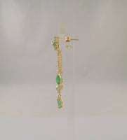 Long Signed Vintage 10K Solid Yellow Gold Natural Round & Marquis Cut Emerald Flower Dangle Pierced Earrings w/ Diamond Accents