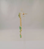 Long Signed Vintage 10K Solid Yellow Gold Natural Round & Marquis Cut Emerald Flower Dangle Pierced Earrings w/ Diamond Accents