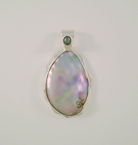 Very Large Richly Colored Iridescent Signed Vintage Sterling Silver Abalone & Brilliant Peacock Pearl Freeform Pendant