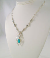 Detailed Signed Vintage Native American Sterling Silver and Blue - Green Turquoise Leafy Floral Link V Drop Pendant Necklace by Navajo Artist Jack Whittaker 17.5"