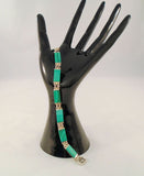 Unusual Vintage or Antique Sterling Silver & Rich Green Malachite Bar Panel Link 7.9mm Wide Bracelet w/ Fancy Filigree Floral Box Clasp 7 3/8"