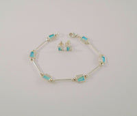 Hallmarked Vintage Modernist Sterling Silver w/ Aqua Turquoise Blue Enamel Link Bracelet & Stud Earrings Set 7.25"