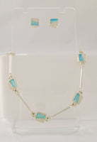 Hallmarked Vintage Modernist Sterling Silver w/ Aqua Turquoise Blue Enamel Link Bracelet & Stud Earrings Set 7.25"