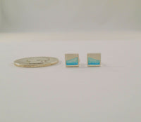 Hallmarked Vintage Modernist Sterling Silver w/ Aqua Turquoise Blue Enamel Link Bracelet & Stud Earrings Set 7.25"