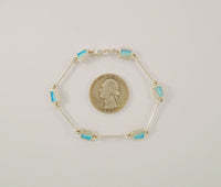 Hallmarked Vintage Modernist Sterling Silver w/ Aqua Turquoise Blue Enamel Link Bracelet & Stud Earrings Set 7.25"
