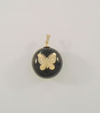 Vintage or Antique Kukui Nut Pendant w/ Solid 14K Yellow Gold Inlaid Etched Butterfly
