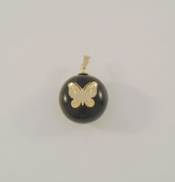 Vintage or Antique Kukui Nut Pendant w/ Solid 14K Yellow Gold Inlaid Etched Butterfly